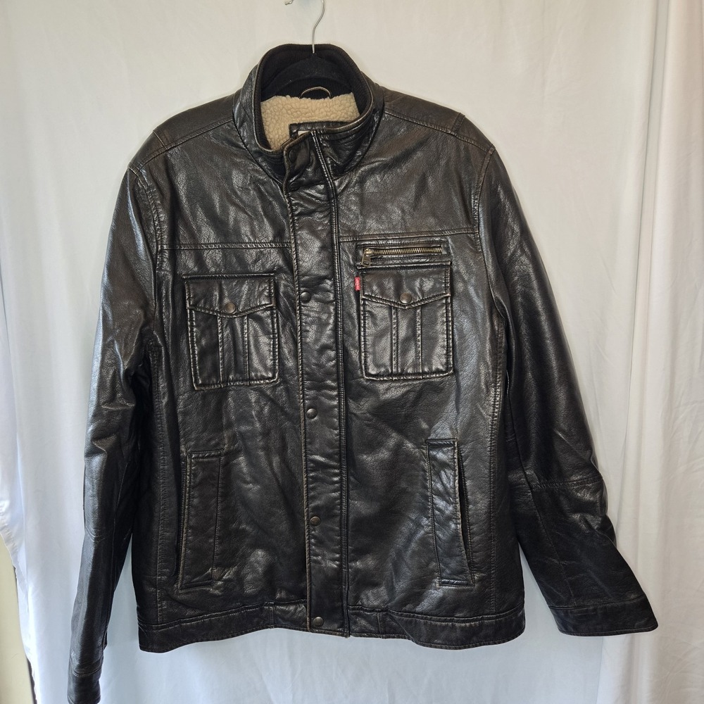 Levi's Sherpa Lined Faux‎ Leather Trucker Jacket Men's XL Brown Retro Cowboy